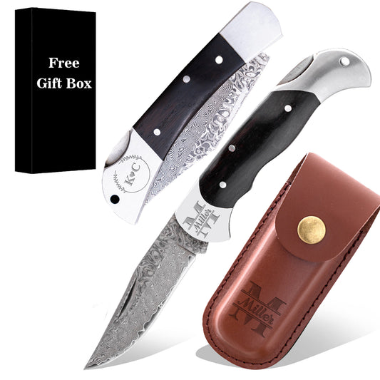 Personalized Damascus Pocket Knife, Folding Pocket Knife