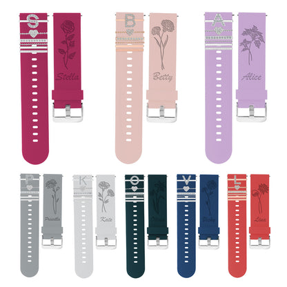 Personalized Birth Flower Watch Band, Customization Floral Engraved Bands