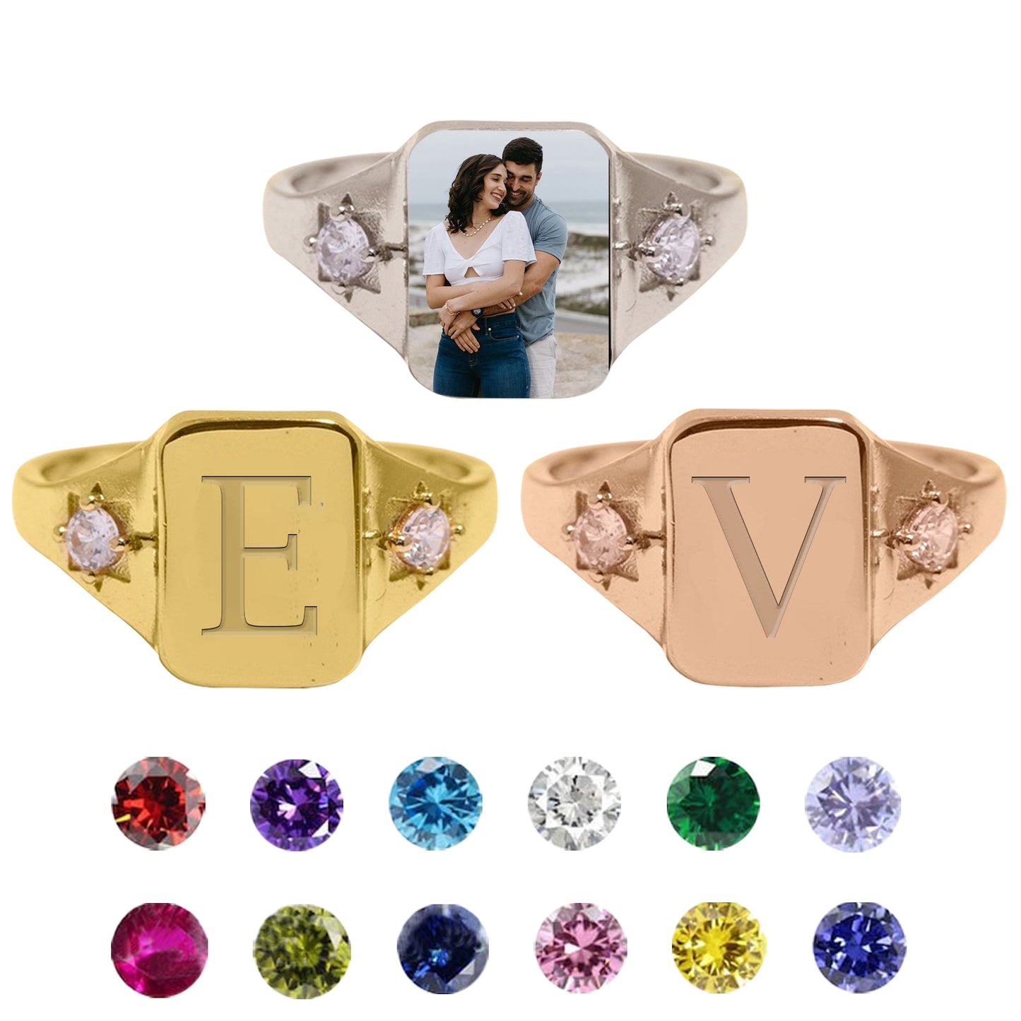 Custom Photo Initial Birthstone Signet Ring