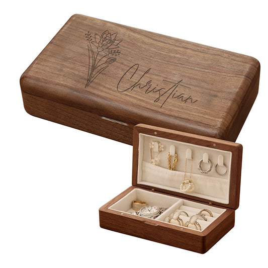 Personalized Wooden Jewelry Box with Birth Flower Name, Customized Gift for Women