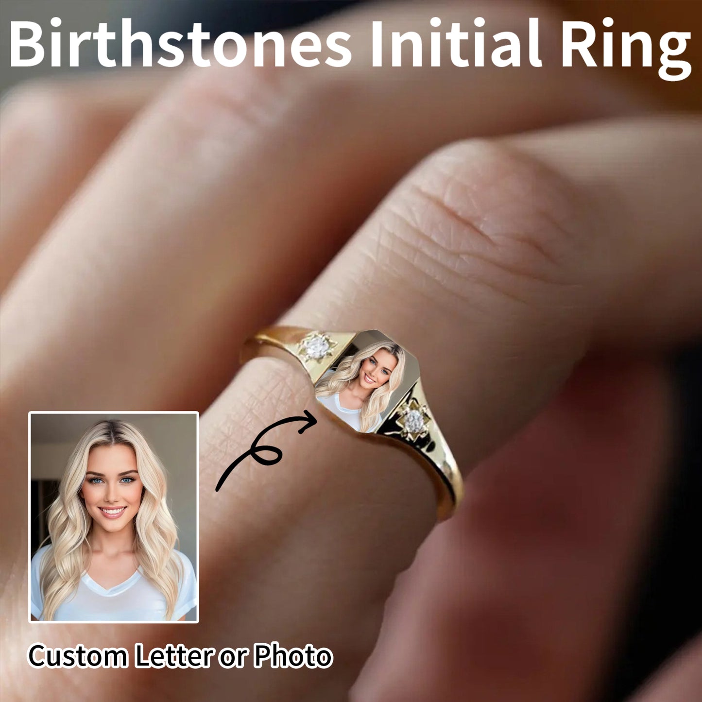 Custom Photo Initial Birthstone Signet Ring