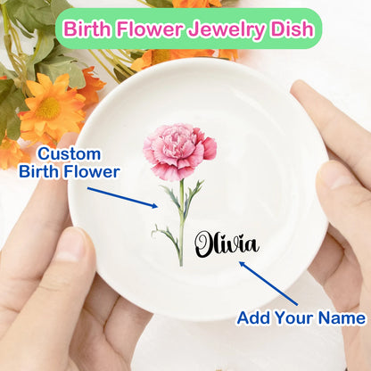 Personalized Birth Flower Jewelry Dish with Name