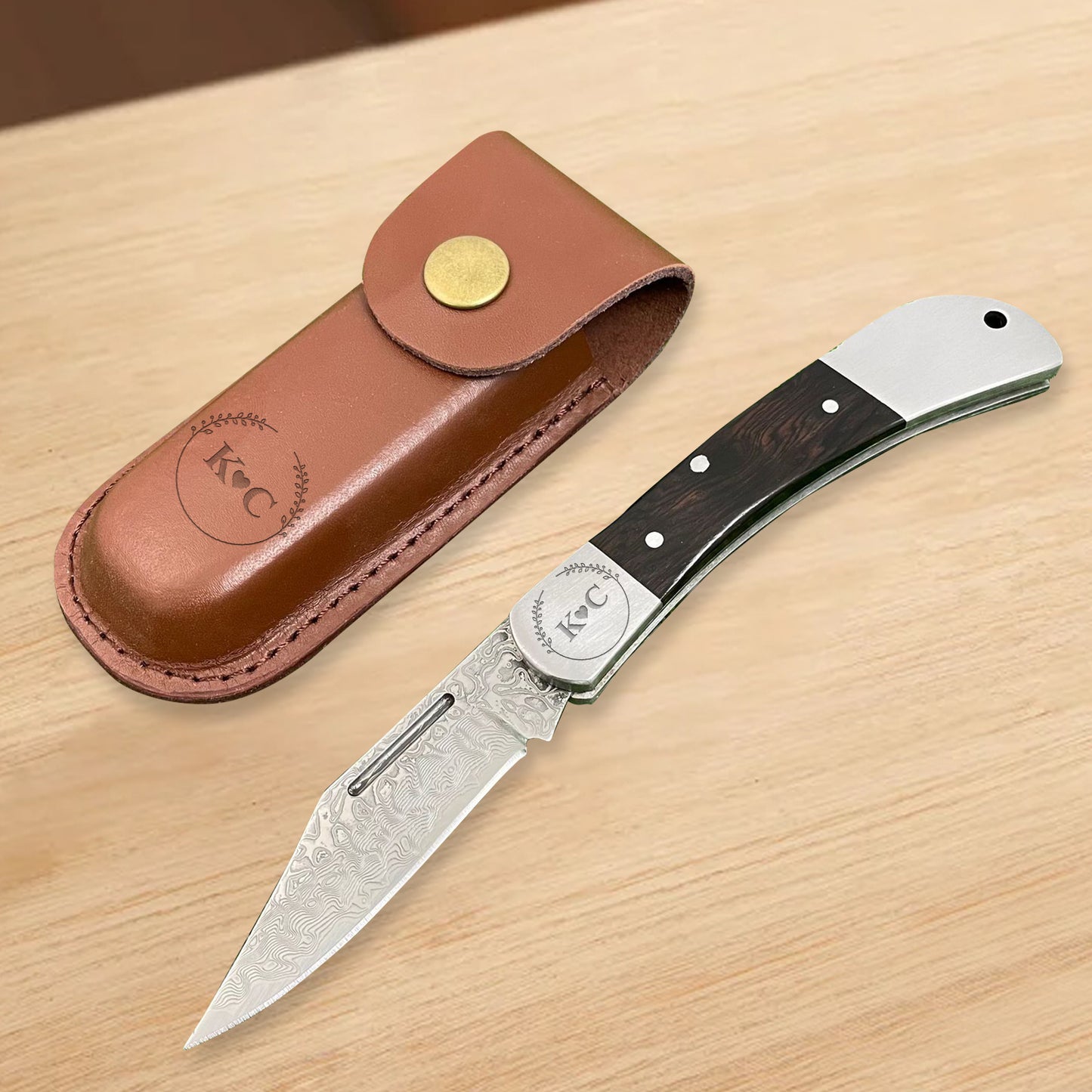 Personalized Damascus Pocket Knife, Folding Pocket Knife