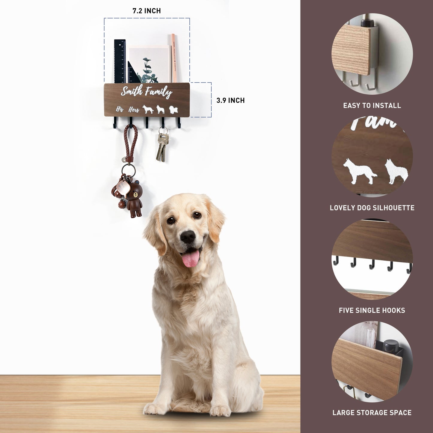 Personalized Wood Key Hooks for Wall Décor, Customized Dog Leash and Key Holder