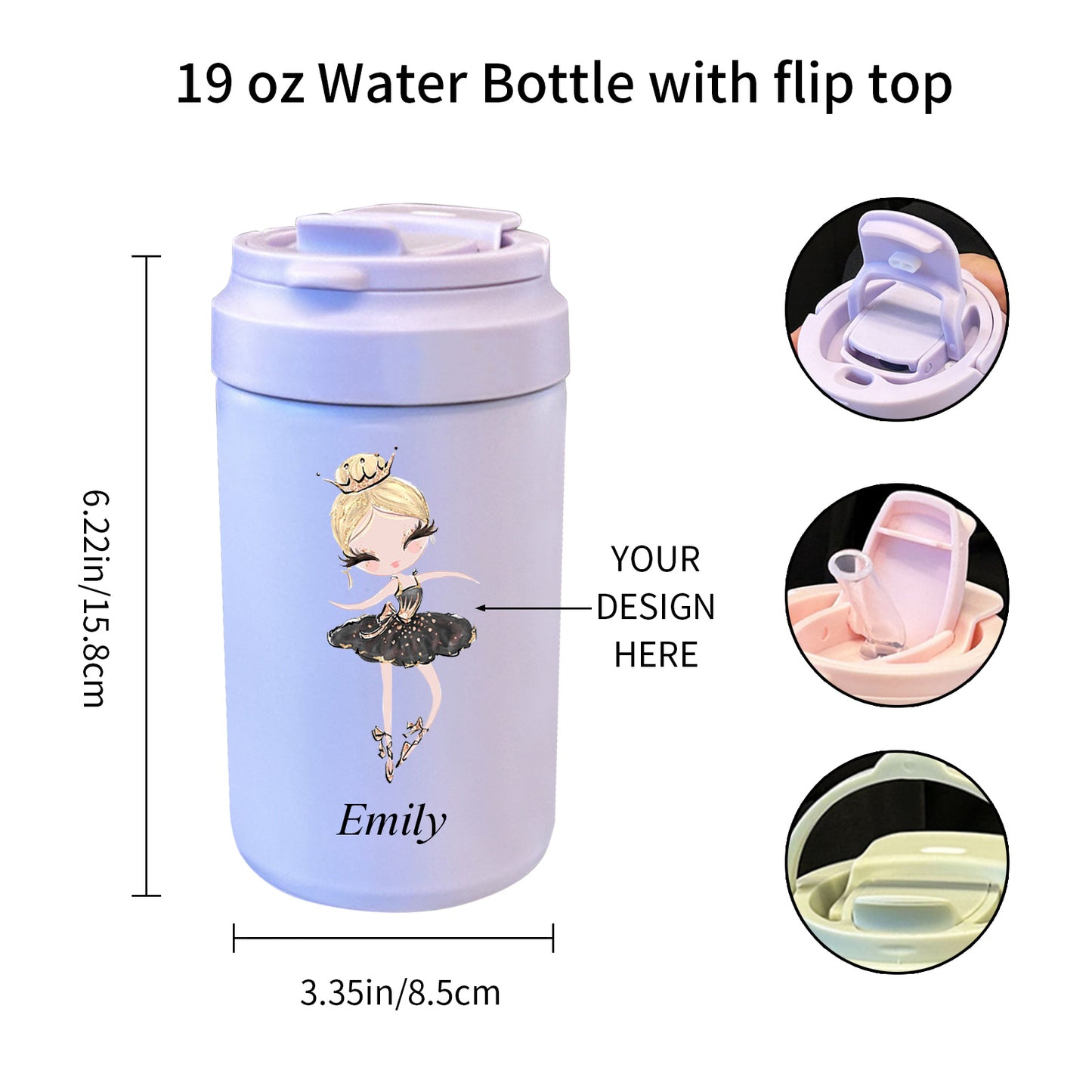 Personalized Ballerina Gift, 17Oz Custom Bottle with Closing Straw Lid