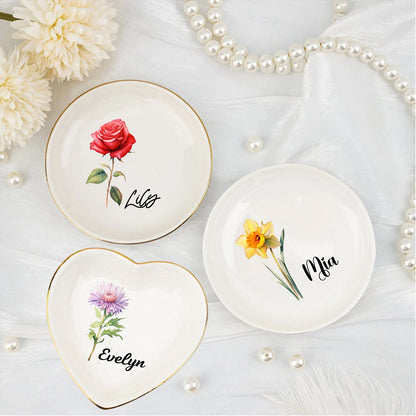 Personalized Birth Flower Jewelry Dish with Name