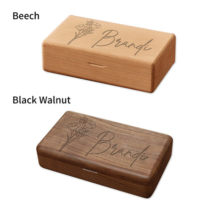 Personalized Wooden Jewelry Box with Birth Flower Name, Customized Gift for Women