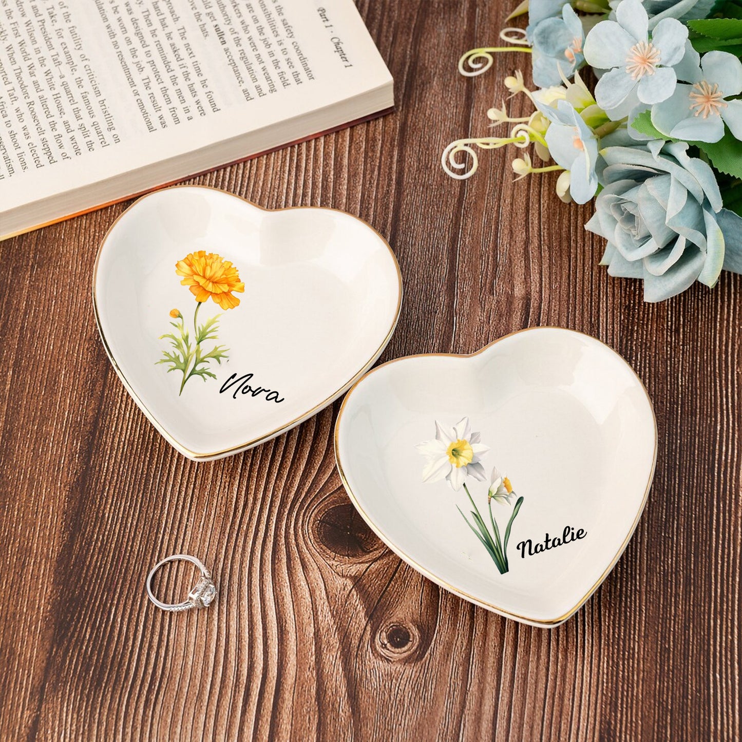 Personalized Birth Flower Jewelry Dish with Name