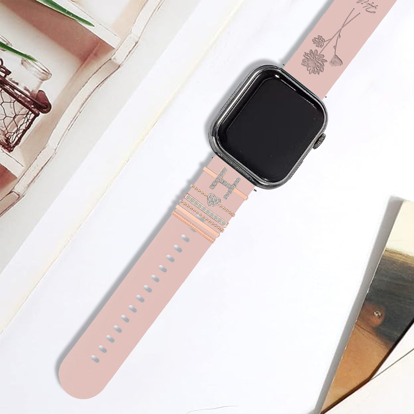 Personalized Birth Flower Watch Band, Customization Floral Engraved Bands