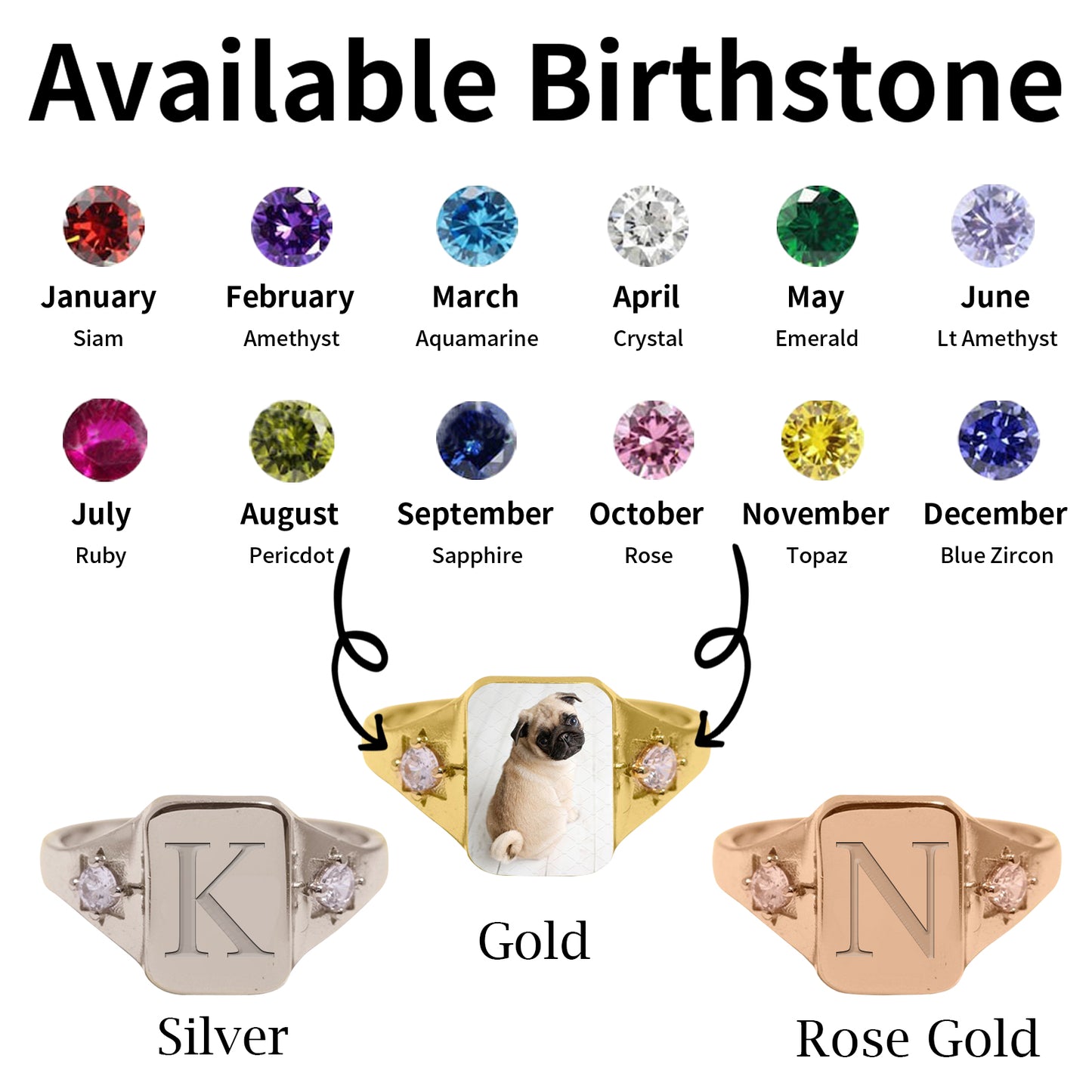 Custom Photo Initial Birthstone Signet Ring