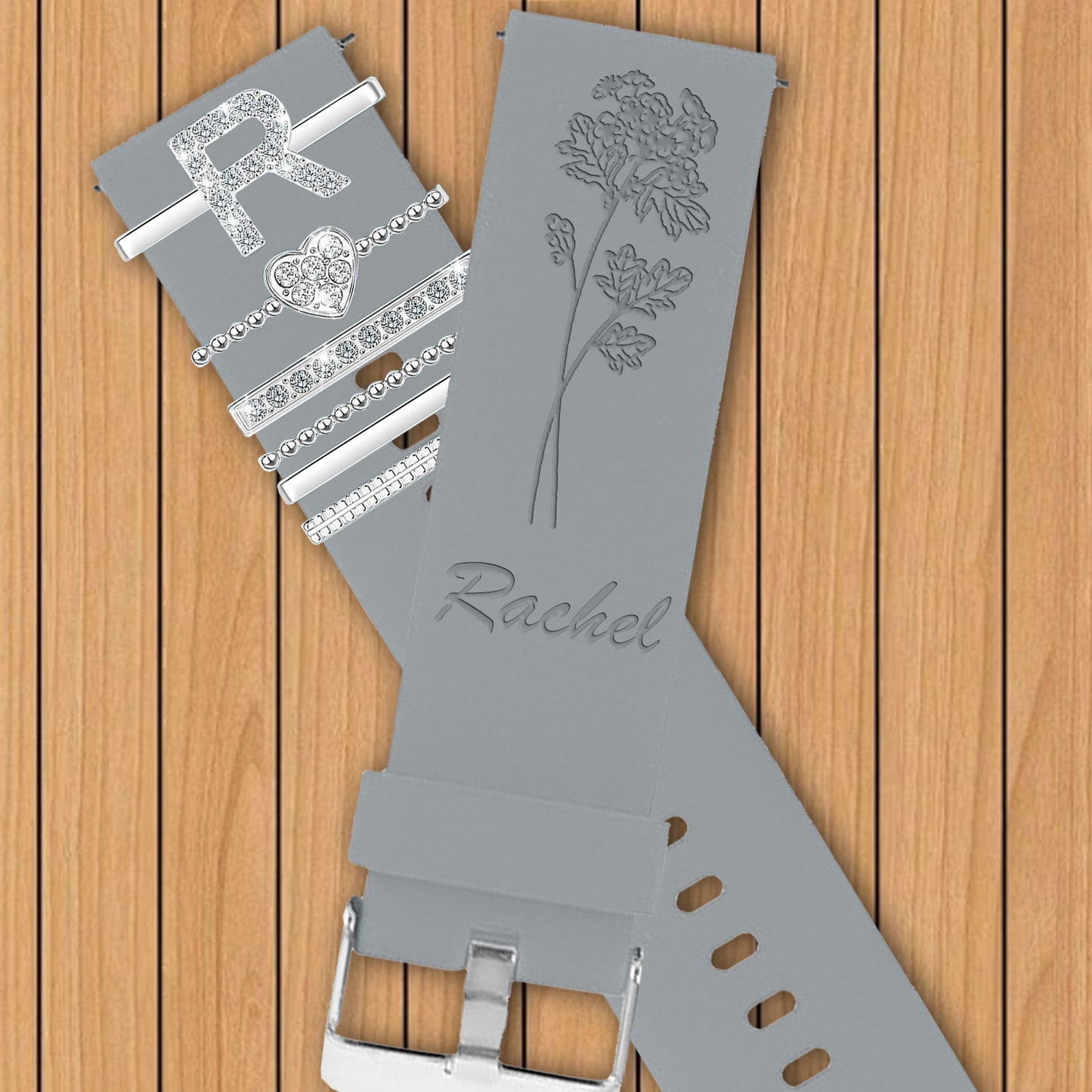 Personalized Birth Flower Watch Band, Customization Floral Engraved Bands